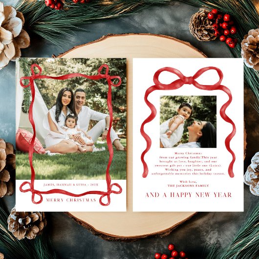 Moderne rode boog vrolijke kerstfoto kaart