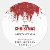 Moderne rode bosbomen Vrolijk kerstfeest Ronde Sticker (Voorkant)