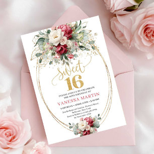 Moderne rode Bourgogne gouden bloemrijke Sweet 16 Kaart
