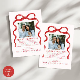 Moderne Rode Bow Vrolijke Kerstfoto Vakantie Kaart
