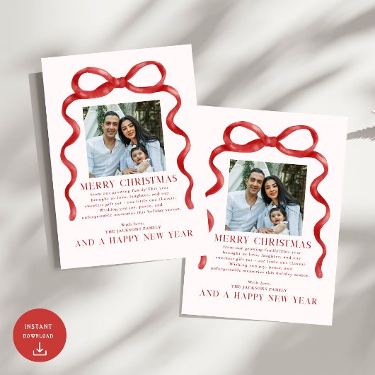 Moderne Rode Bow Vrolijke Kerstfoto Vakantie Kaart