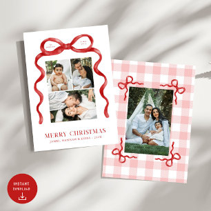 Moderne Rode Bow Vrolijke Kerstfoto Vakantie Kaart