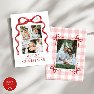 Moderne Rode Bow Vrolijke Kerstfoto Vakantie Kaart