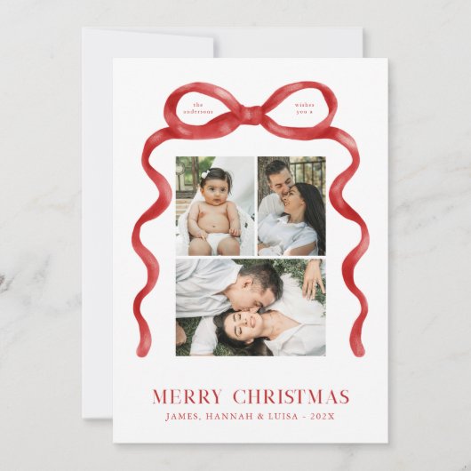 Moderne Rode Bow Vrolijke Kerstfoto Vakantie Kaart (Voorkant)