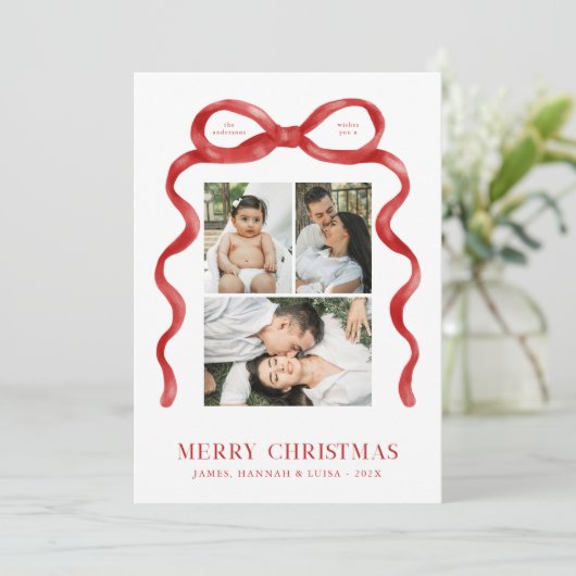 Moderne Rode Bow Vrolijke Kerstfoto Vakantie Kaart (Staand voorkant)