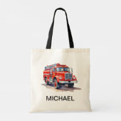 Moderne rode brandweerwagen gepersonaliseerde naam tote bag (Achterkant)