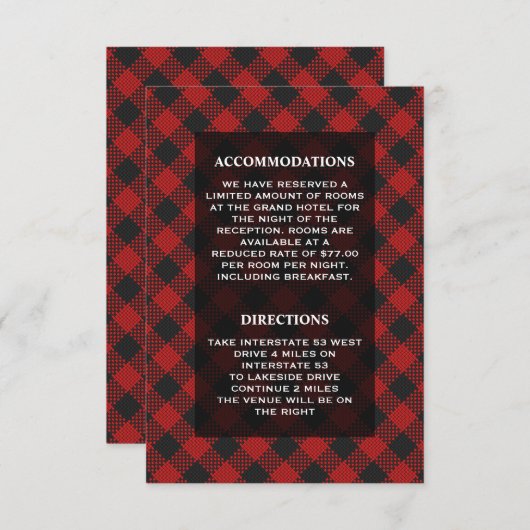 Moderne rode buffel geruite bruiloft details informatiekaartje (Voorkant / Achterkant)