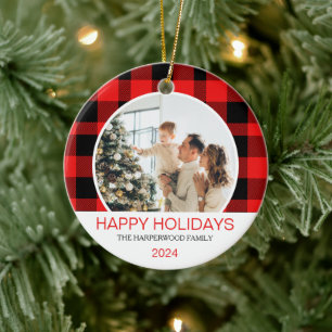 Moderne rode buffel geruite kerst familie foto keramisch ornament