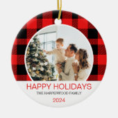 Moderne rode buffel geruite kerst familie foto keramisch ornament (Voorkant)