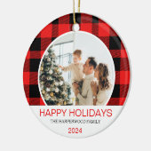 Moderne rode buffel geruite kerst familie foto keramisch ornament (Links)