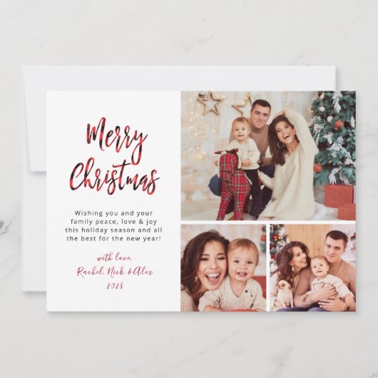 Moderne Rode Buffel Plaid 3 Multi Foto Kerstmis Feestdagenkaart (Voorkant)
