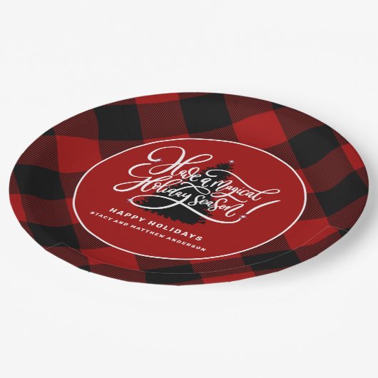 Moderne Rode Buffel Plaid Boerderij Kerst Papieren Bordje (Gekanteld)