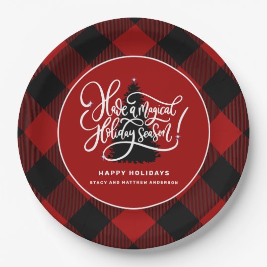 Moderne Rode Buffel Plaid Boerderij Kerst Papieren Bordje (Voorkant)