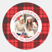 Moderne Rode Buffel Plaid Kerstmis Familie 1 Foto Ronde Sticker (Voorkant)