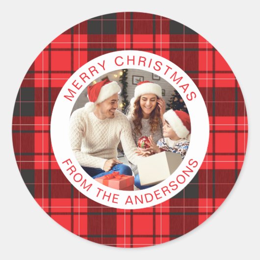 Moderne Rode Buffel Plaid Kerstmis Familie 1 Foto Ronde Sticker (Voorkant)