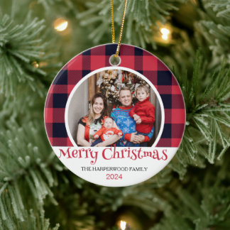 Moderne Rode Buffel Plaid Kerstmis Familie 2 Foto Keramisch Ornament