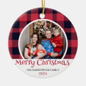 Moderne Rode Buffel Plaid Kerstmis Familie 2 Foto Keramisch Ornament (Voorkant)