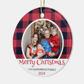 Moderne Rode Buffel Plaid Kerstmis Familie 2 Foto Keramisch Ornament (Links)