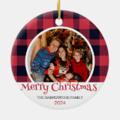 Moderne Rode Buffel Plaid Kerstmis Familie 2 Foto Keramisch Ornament (Achterkant)