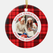 Moderne Rode Buffel Plaid Kerstmis Familie 2 Foto Keramisch Ornament (Voorkant)
