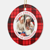 Moderne Rode Buffel Plaid Kerstmis Familie 2 Foto Keramisch Ornament (Links)