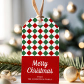Moderne rode cheques vrolijke kerst cadeaulabel