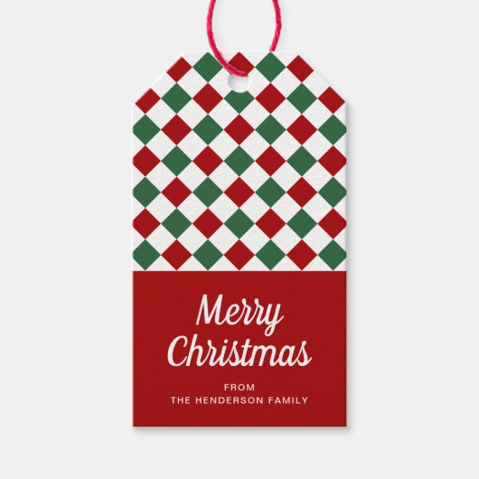 Moderne rode cheques vrolijke kerst cadeaulabel (Voorkant)