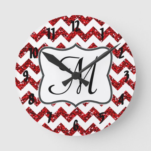 Moderne rode Chevron Monogram Initialen wandklok (Voorkant)
