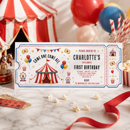 Moderne rode circus ticket 1e verjaardag | Alle ge Kaart