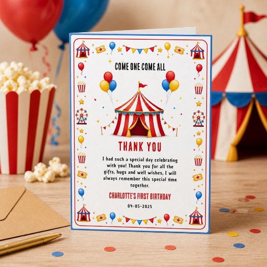 Moderne rode circus ticket 1e verjaardag | Elk ges Bedankkaart