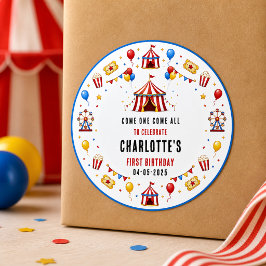 Moderne rode circus ticket 1e verjaardag | Elk ges Ronde Sticker
