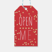 Moderne rode confetti Open me typografie Kerstmis Cadeaulabel (Voorkant)