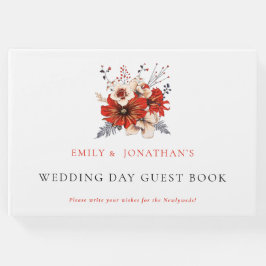 Moderne Rode Crème Bloemen Foliage Trouwdag Gastenboek