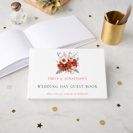 Moderne Rode Crème Bloemen Foliage Trouwdag Gastenboek