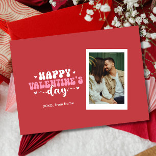 Moderne Rode Cute Hart Gelukkig Valentijnsdag Foto Notitiekaartje