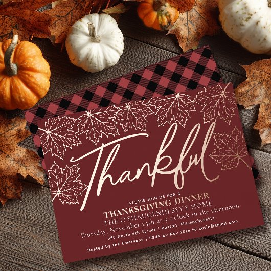Moderne Rode Dankbare Herfstbladeren Thanksgiving Folie Uitnodiging