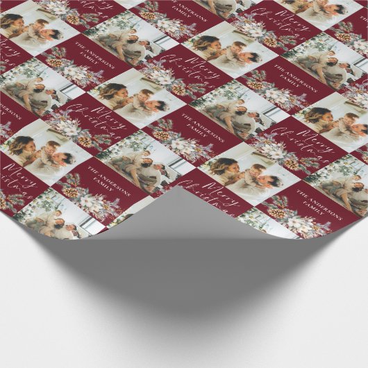 Moderne rode elegante familiefoto Vrolijk kerstfee Cadeaupapier (Hoek)