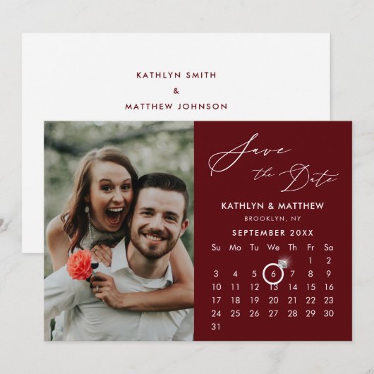 Moderne rode elegante script aangepaste agenda fot save the date (Voorkant / Achterkant)