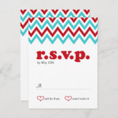 Moderne rode en Aqua Chevron & Lovebirds RSVP Uitnodiging Briefkaart (Voorkant / Achterkant)