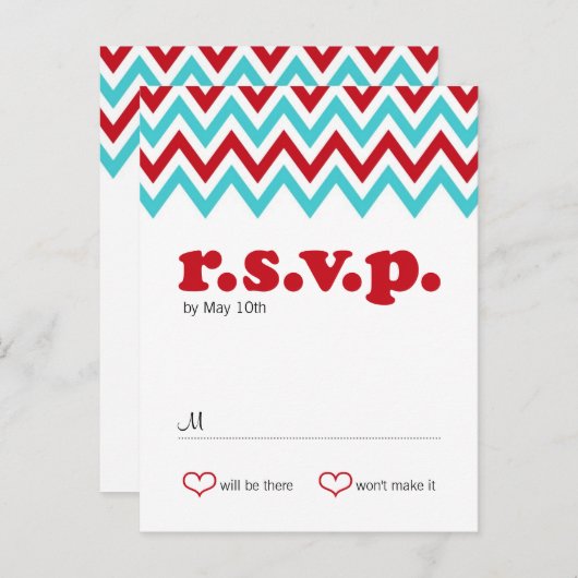 Moderne rode en Aqua Chevron & Lovebirds RSVP Uitnodiging Briefkaart (Voorkant / Achterkant)