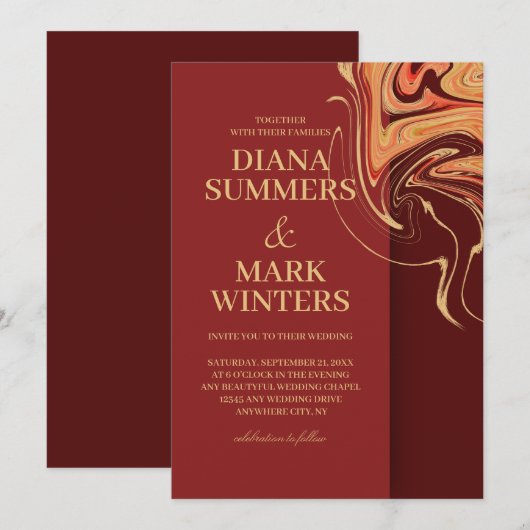 Moderne rode en beige abstract. Weddensuitnodiging Kaart (Voorkant / Achterkant)