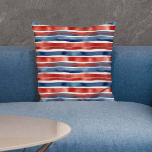 Moderne rode en blauwe strepen Amerikaanse aquarel Buitenkussen