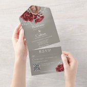 Moderne rode en bruine Rozen Floral Grey QR-code All In One Uitnodiging (Afscheurbaar)
