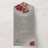 Moderne rode en bruine Rozen Floral Grey QR-code All In One Uitnodiging (Binnen)
