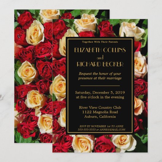 Moderne rode en gele rozen bruiloft kaart (Voorkant / Achterkant)