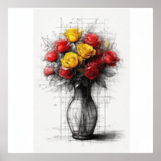 Moderne rode en gele rozen in een vaas folie afdrukken