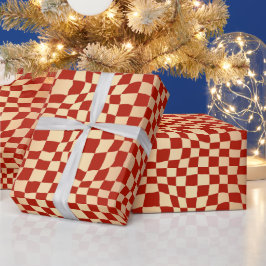 Moderne Rode en Gouden Checker Patroon Kerstmis Cadeaupapier