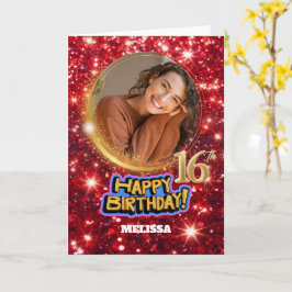 Moderne rode en gouden glitter foto naam 16e verja kaart