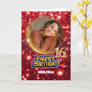 Moderne rode en gouden glitter foto naam 16e verja kaart