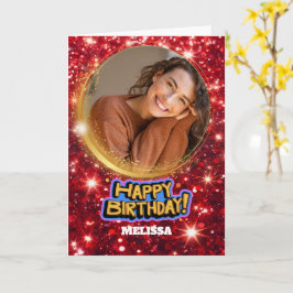Moderne Rode en Gouden Glitter Foto & Naam Verjaar Kaart